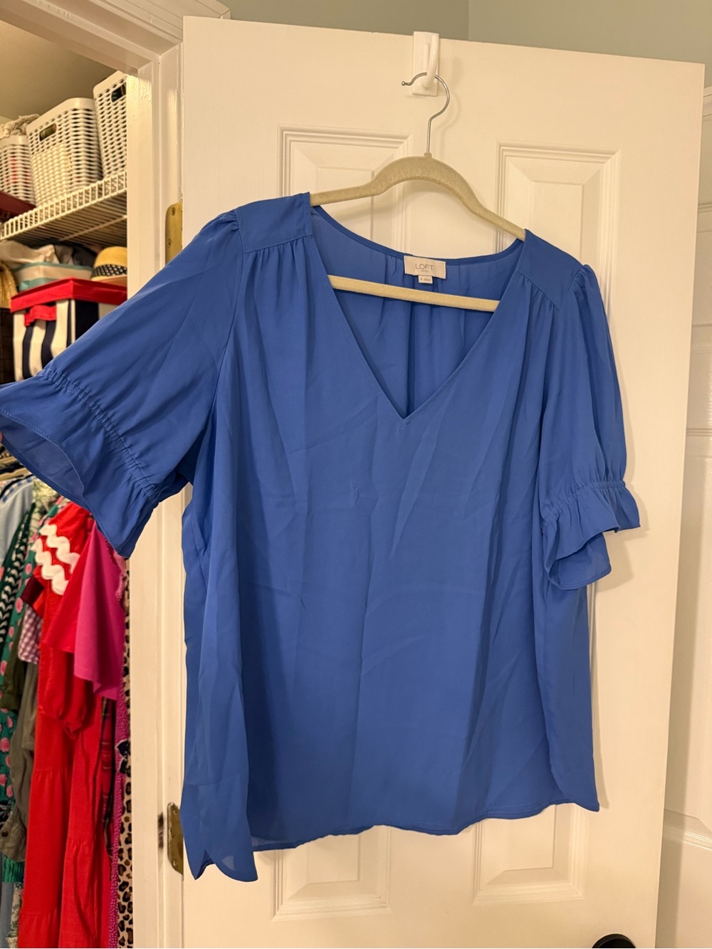 LOFT Royal Blue V-Neck Ruffle Sleeve Blouse